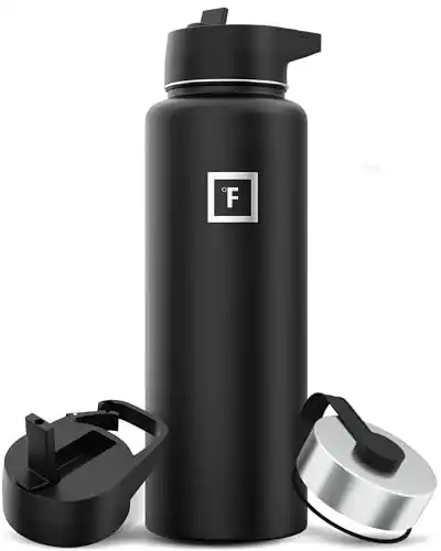 IRON FLASK Camping & Hiking Hydration Flask with 3 Lids - Stainless Steel, Double Walled & Vacuum Insulated Water Bottle - Leak Proof & BPA Free (Midnight Black, Straw - 40 oz)