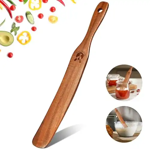 Skinny Spurtle for Sourdough Starter, Mixing, Reaching Bottom of Jar, Dough Whisk, 100% Natural from High Moist Resistance Teak, Spurtles Kitchen Tools Wooden Kitchen Utensils for NonStick Cookware