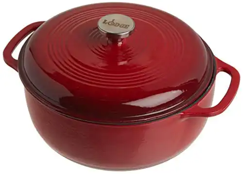 Lodge 6 Quart Enameled Cast Iron Dutch Oven with Lid Dual Handles Oven Safe up to 500 F or on Stovetop - Use to Marinate, Cook, Bake, Refrigerate and Serve Island Spice Red