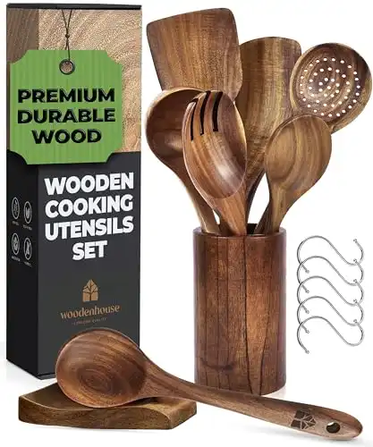 Wooden Spoons for Cooking, Wooden Cooking Utensils Set, Wooden Utensil Set with Holder, Spoon Rest & Hooks, Teak Wood Nonstick Kitchen Cookware 8-piece set of wooden utensils with 6 metal hooks