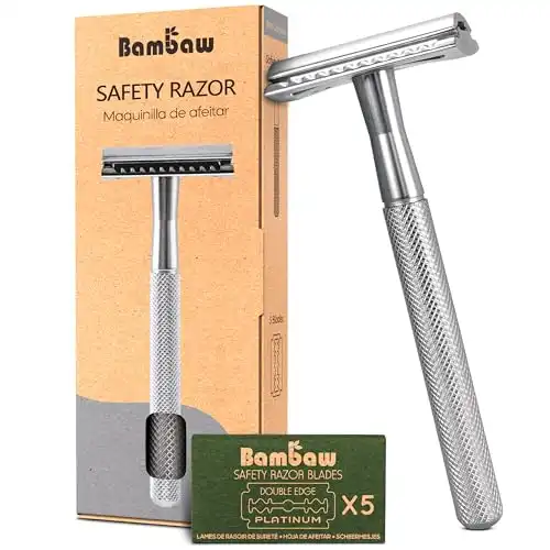 Bambaw Double Edge Safety Razor for Men & Women, Metal Razor with 5 Double Edge Safety Razor Blades, Eco-Friendly Razor Silver