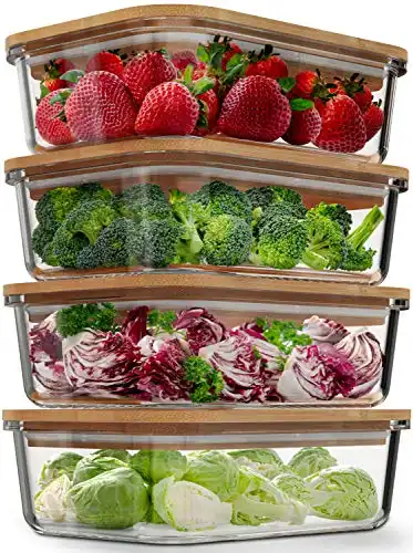 Glass Food Storage Containers with Bamboo Lids (4 Pack, 36 Ounce) Eco Friendly Meal Prep Containers Airtight Plastic Free, BPA Free