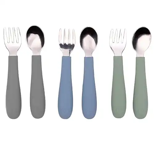 WeeSprout Toddler Utensils, 3 Forks & 3 Spoons, 18/8 Stainless Steel & Food Grade Silicone, Thick Easy-Grip Handles, Perfect Length For New Self Feeders, Gentle On Gums & Teeth, Dishwasher...