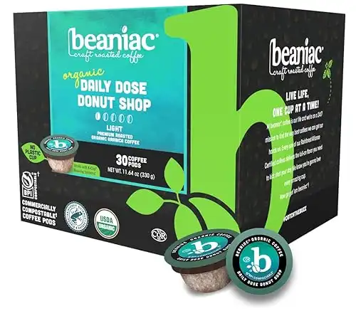 beaniac Organic Daily Dose Donut Shop| Light Roast, Single Serve Coffee K Cup Pods | Rainforest Alliance Certified | 30 Compostable, Plant-Based Coffee Pods | Keurig Brewer Compatible