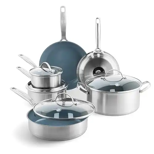 GreenPan Treviso 10 Piece Cookware Set, Non-Toxic PFAS-Free Stainless Steel Ceramic Nonstick Coating, Induction Suitable, Pots, Pans Lids, Sauté & Saucepans, Multi Clad, Dishwasher & Oven Saf...