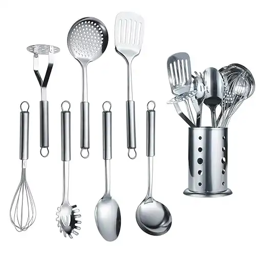 Berglander Cooking Utensil Set 8 Piece, Stainless Steel Kitchen Tool Set with Stand,Cooking Utensils, Slotted Tuner, Ladle, Skimmer, Serving Spoon, Pasta Server,Potato Maseher, Egg Whisk. 8 Pieces