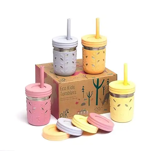 Elk and Friends Stainless Steel Cups | Mason Jar 10oz | Kids & Toddler Cups with Silicone Sleeves & Straws with Stopper | Spill proof Smoothie Cups