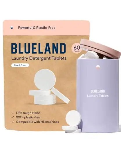 BLUELAND Laundry Detergent Tablets, Starter Set, 60 Count with Tin, Unscented, Plastic-Free Eco-Friendly Pods, Sheets, Liquid Alternative - Natural, Gentle, Non Toxic